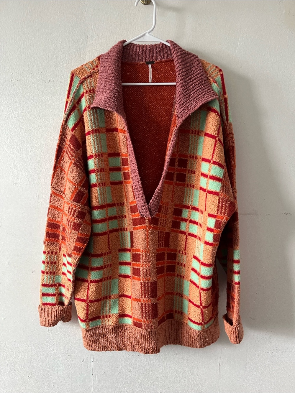 Free People Orange Plaid V-Neck Sweater with Mint Accents